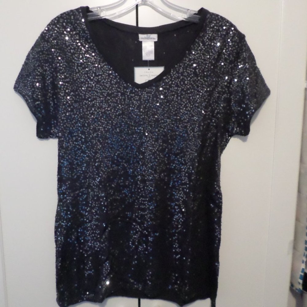 Jaclyn Smith Black Sequin Short Sleeve Top